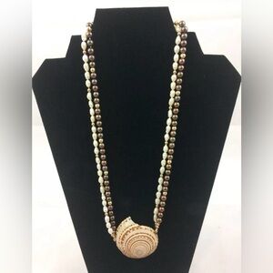 Vtg Sundial Shell Double Strand Maroon & White Freshwater Pearl Matinee Necklace